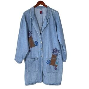 VTG SUNBELT Hand-painted Embellished Denim Jean Jacket Women's Size L